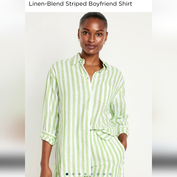 NWT Old Navy Linen Blend Striped Boyfriend Shirt, white and green, size S - Picture 1 of 6